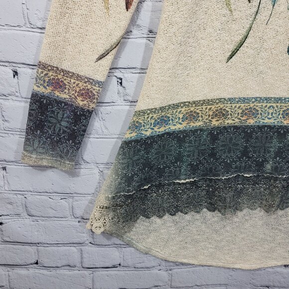 Vocal Tunic Sweater Womens M Boho Feather Airbrushed Design Lace Trim USA - Picture 4 of 10